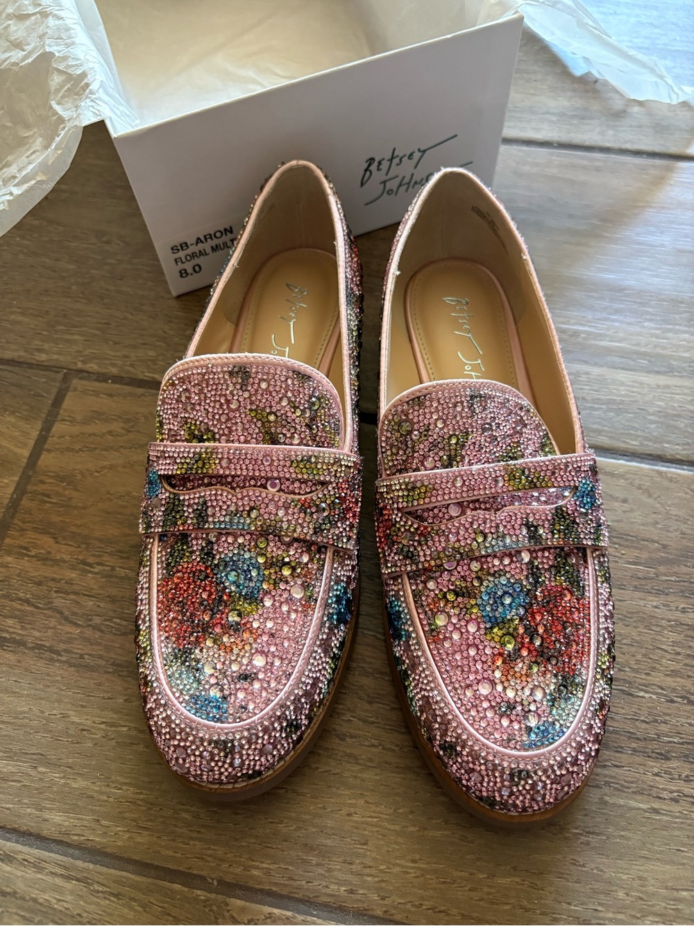 Never Worn Betsey Johnson Pink Crystal Floral Embellished Loafers - Picture 4 of 5